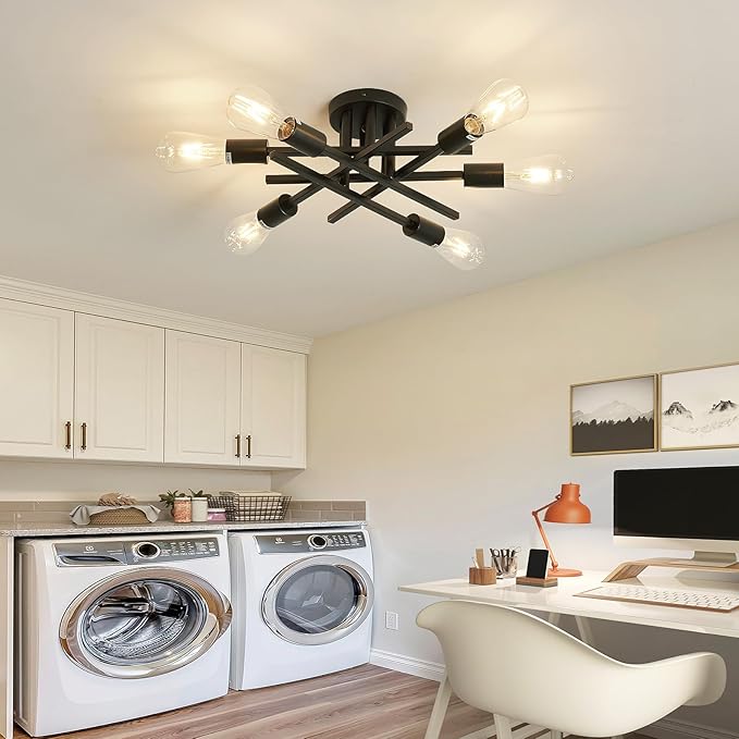 ASGYISA 6-Lights Semi Flush Mount Ceiling Light Fixture 2-Pack Black Vintage Matte Sputnik Chandelier Ceiling Lamp for Farmhouse Dining Room Living Room Bedroom Kitchen Entryway