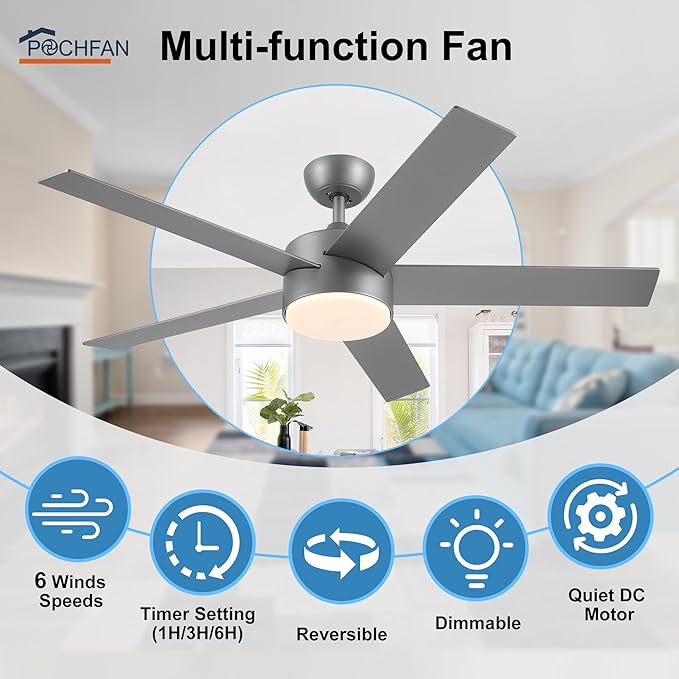 52 inch Ceiling Fans with Lights and Remote Control Silver, Modern Ceiling Fan Dimmable 3 CCT Temperatures 6-Speed, Quiet LED Ceiling Fan for Bedroom, Living Room