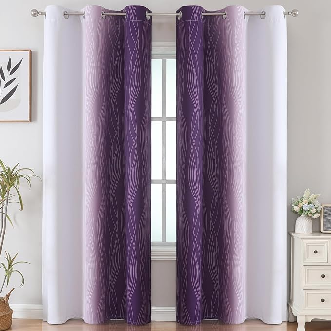 Estelar Textiler Purple and Greyish White Room Darkening Blackout Curtains 84 Inches Long for Living Room, Thermal Insulated Ombre Light Blocking Grommet Blackout Drapes for Bedroom, 42Wx84L, 2 Panels