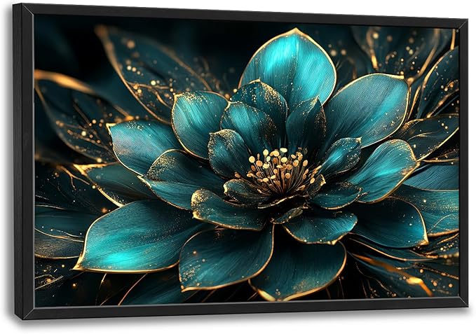 Framed Large Wall Art for Living Room, Teal Flower Canvas Wall Decor, Large Picture Framed Painting, Modern Artwork for Bedroom Office Home Decor 36L'' × 24W''