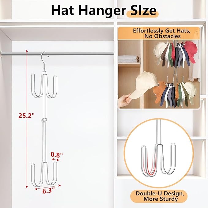 Hat Hangers for Closet, 1 Pack Stainless Steel Hat Organizer, Hat Racks for Baseball Caps, Cap Organizer for Baseball Caps, Silvery