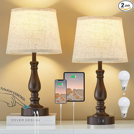 Table Lamps for Bedrooms Set of 2 - Touch Bedside Lamps with USB C+A Ports - 3 Way Dimmable Nightstand Lamps for End Tables Farmhouse Night Stand Lamps for Living Room Bed Side Guest Room