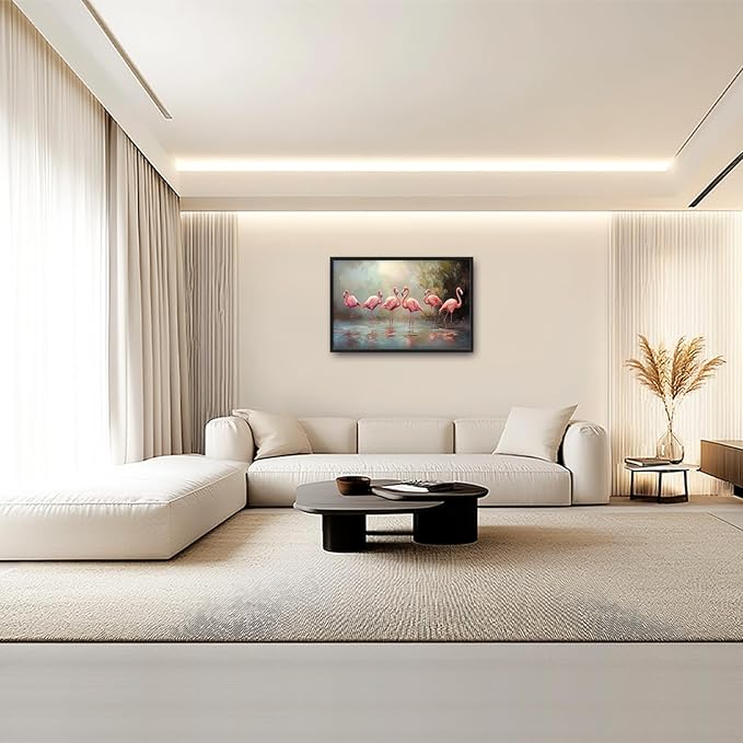 Flamingo Framed Wall Art for Living Room, Large Pink Birds Canvas Wall Decor, Animal Lake Pictures Painting, Modern Artwork for Bathroom Bedroom 36L'' × 24W''