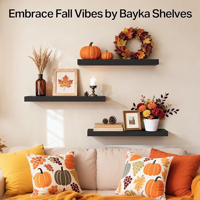 BAYKA Floating Shelves for Wall, Wall Mounted Rustic Wood Shelves for Bathroom, Bedroom, Living Room, Kitchen, Hanging Shelf for Books/Storage/Room Decor with 22lbs Capacity (Black, Set of 3, 15.7in)