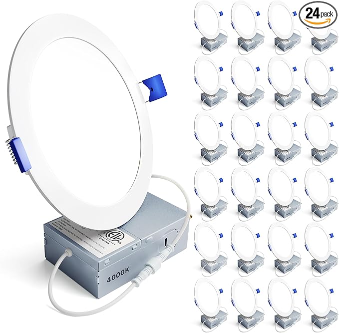 Ensenior 24 Pack 6 Inch LED Recessed Ceiling Light, Dimmable, 4000K Cool White, 1050LM 12W 120V, High Brightness Canless Wafer Downlight - ETL&FCC&IC