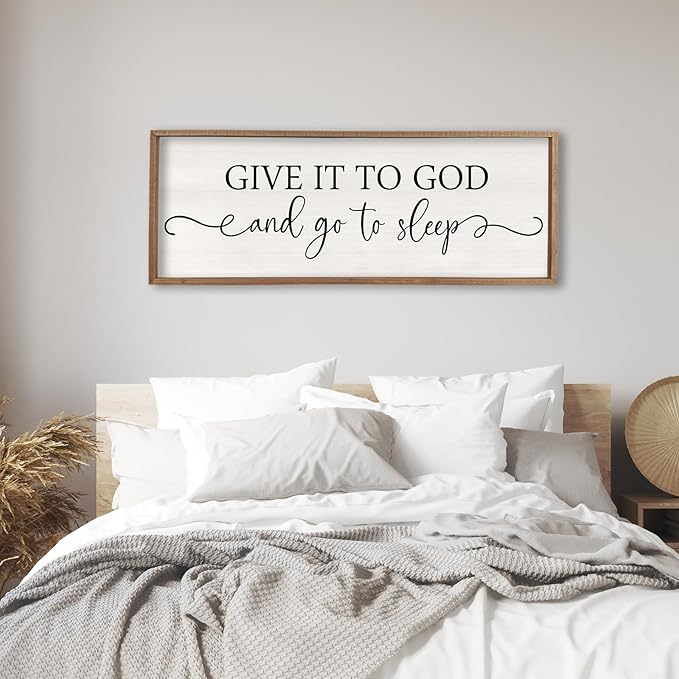 Surfapans Give It To God And Go To Sleep Sign Wall Decor Above Bed 40"x15" Master Bedroom Guest Room Over Bed Wood Rustic Framed Wall Art (Wood)