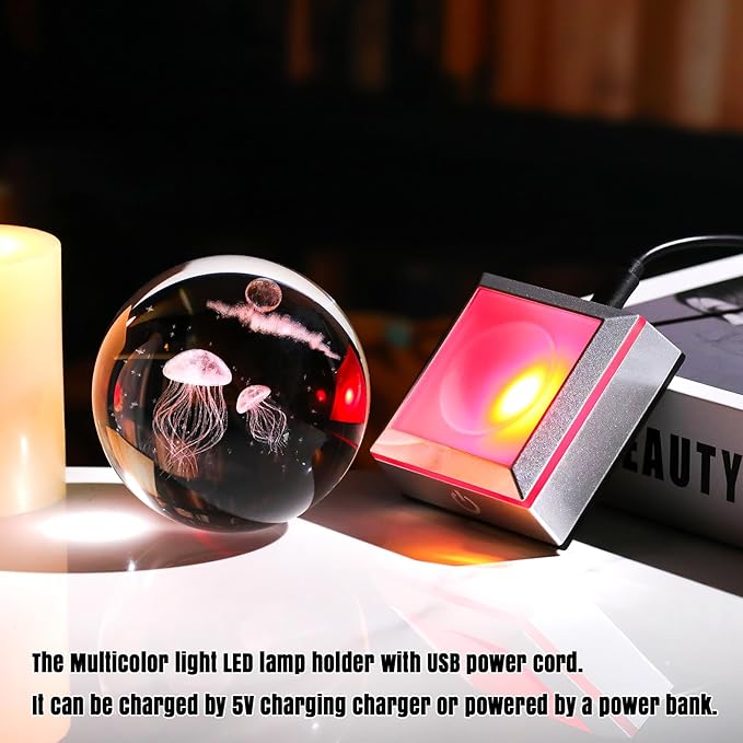 3D Engraved Jellyfish Crystal Ball 3.15‘’ with LED Light Colorful Base - Jellyfish with Star Moon Glass Sphere Lamp Gifts for Women Home Decor