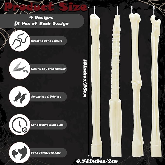 Nuanchu 12 Pack Halloween Bone Taper Candles 10 Inch Unscented Dripless Skeleton Candles for Halloween Party Decor, Table Centerpiece, Gothic Home Decoration, Spooky Gifts