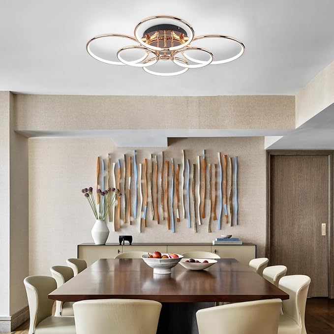 Modern Ceiling Lights, 6 Rings Dimmable Gold LED Ceiling Light Fixtures with Remote Control, 56W Close to Ceiling Lighting for Living Room, Bedroom, Dining Room