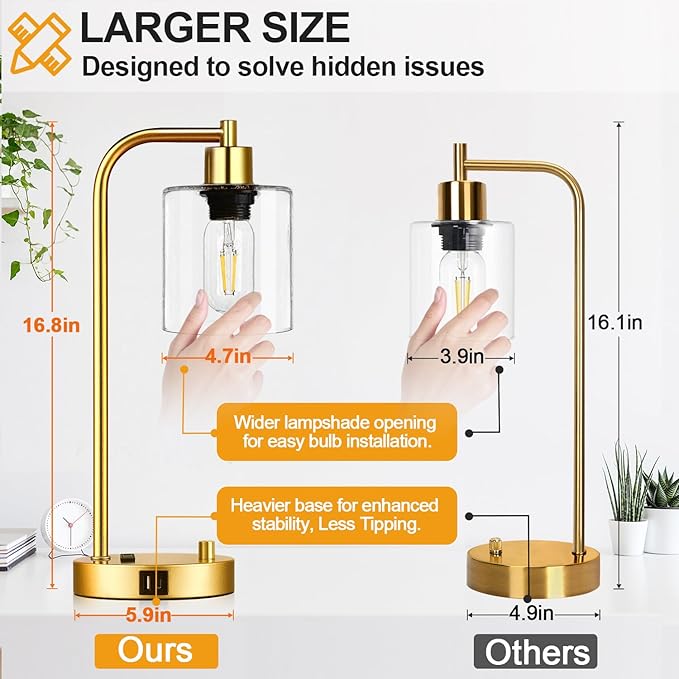 Set of 2 Industrial Table Lamps with USB Port, Gold Fully Stepless Dimmable Bedside Lamps for bedrooms, Nightstand Desk Lamp with Clear Glass Shade for Reading Living Room Office 2 LED Bulb