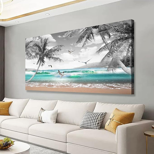 Beach Palm Pictures Canvas Wall Art For Living Room Bedroom Wall Decor,Sea Wave Wall Art Print Paitnings For Home Decor,Morden Artwork Coconut Tree Canvas Art Ready To Hang-20X40Inches