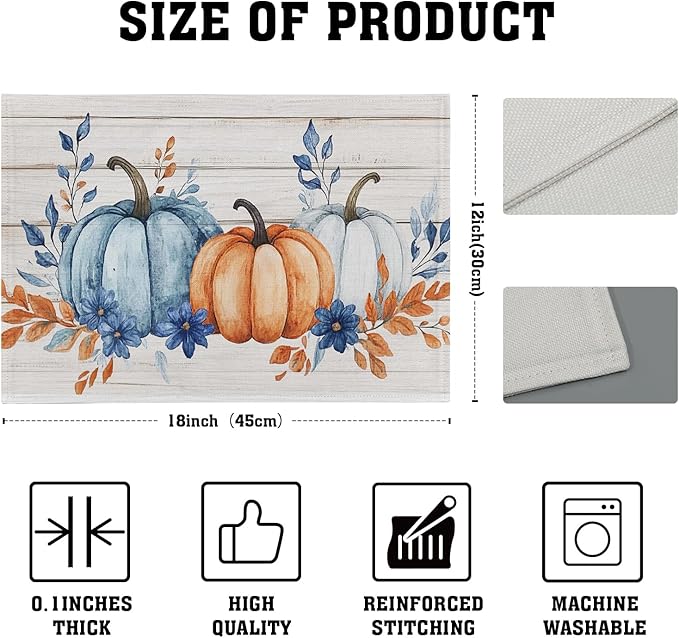 Fall Placemats 12×18 Inches Set of 4 Blue Orange Pumpkin Thanksgiving Festival Indoor Kitchen Dining Table Place Mats for Home Party Decoration
