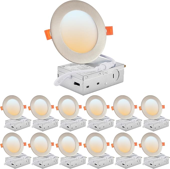 DLLT LED Recessed Ceiling Lights: 12 Pack 4 Inch 5CCT Ultra-Thin Lighting with Junction Box for Bedroom - 900LM Brightness 9W Eqv 80W Dimmable Canless Wafer Downlight with ETL&FCC-Nickel Brush