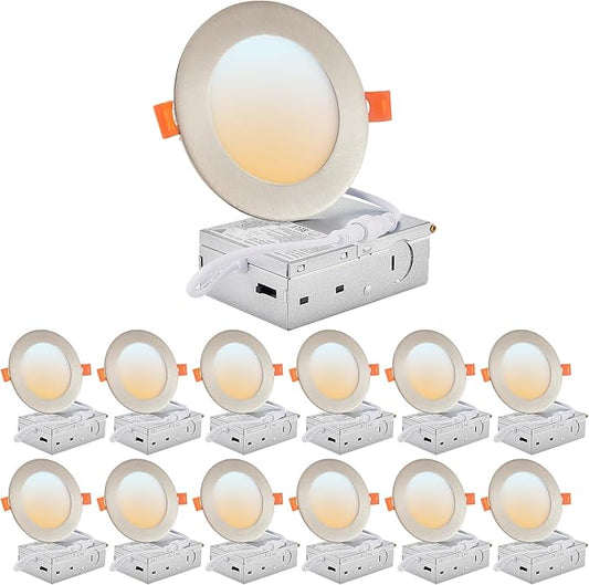 DLLT LED Recessed Ceiling Lights: 12 Pack 4 Inch 5CCT Ultra-Thin Lighting with Junction Box for Bedroom - 900LM Brightness 9W Eqv 80W Dimmable Canless Wafer Downlight with ETL&FCC-Nickel Brush