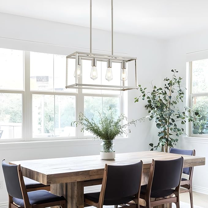 4-Light Dining Room Light Fixture Farmhouse Chandelier Brushed Nickel Modern Kitchen Island Pendant Lights Rectangular Hanging Lights Adjustable Height Metal E26 Base