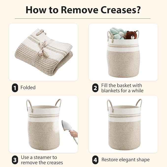 Large Laundry Hamper, Tall Woven Storage Basket for Blankets, Cotton Baby Nursery Hamper, Toys and Dirty Clothes in Bedroom and Living Room Organizing - 58L Brown & White