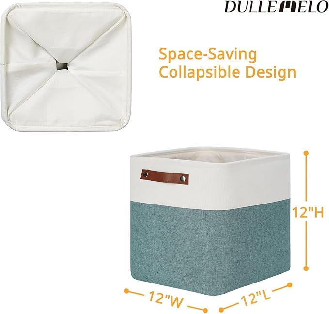 DULLEMELO Set Of 4 Cube Storage Bins, Fabric Storage Basket for Shelves Closet Nursery Toy Storage, 12 inch Fabric Storage Cubes Bins Canvas Organization Baskets (White&Deep Green)