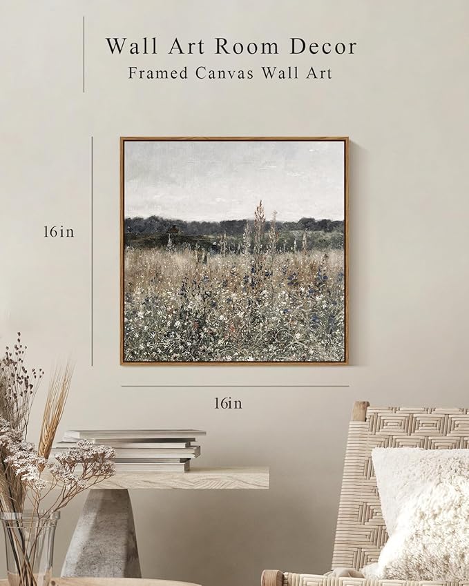 InSimSea Square Framed Canvas Wall Art, Scenery Field Home Decor, Vintage Meadow Flowers Wall Art Prints, Retro Nature Floral Wall Decor for Living Room Bedroom Home Bathroom 16"x16"
