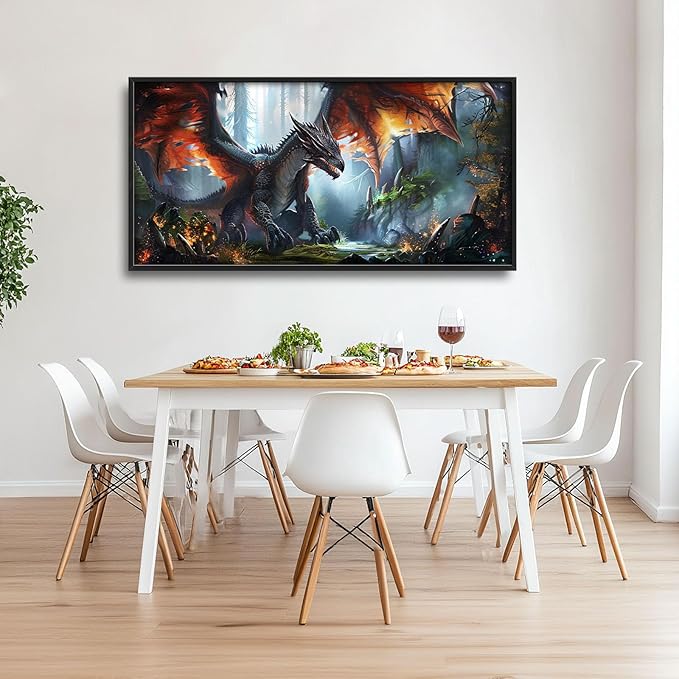 Dragon Large Framed Wall Art Oversized Western Fire Dragon Pictures Wall Decor Cool Animal Canvas Print Painting Aesthetic Modern Artwork for Living Room Bedroom Office Bathroom Home Decor 60L x30W