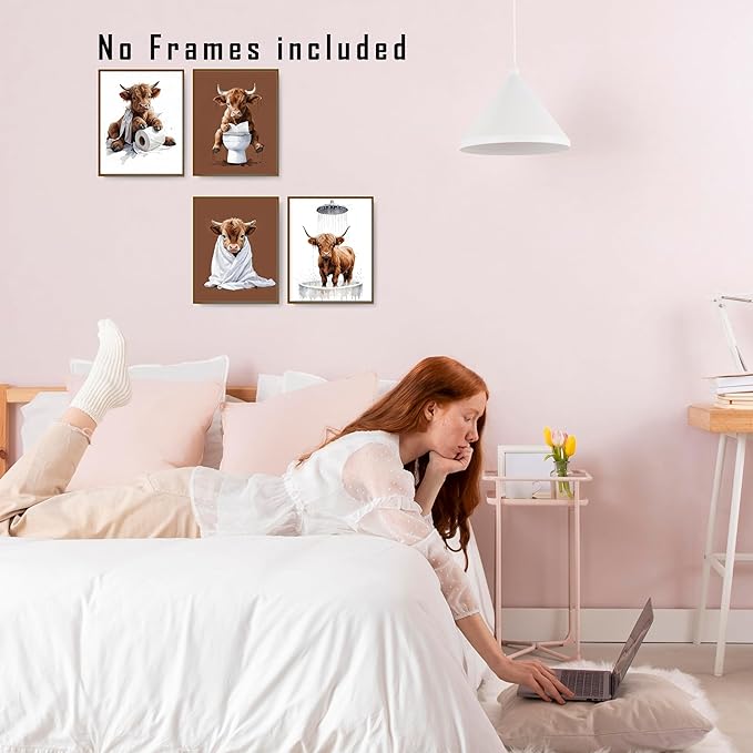 FITIE Funny Cow Bathroom Wall Art Posters Set of 4, Cow Bathroom Decor, Humorous Cute Bathing Fluffy Heifer Toilet Canvas Prints Artwork Wall Decor for Bath Room Washroom, 8x10 Unframed