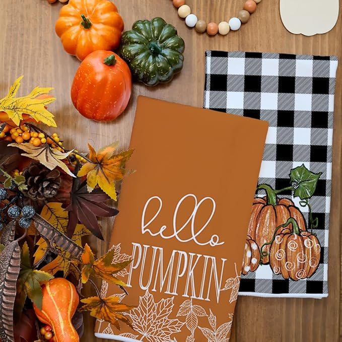 ARKENY Fall Kitchen Towels Set of 2,Black Buffalo Check Pumpkin Autumn Dish Towels 18x26 Inch Drying Dishcloth,Farmhouse Home Decoration AD127