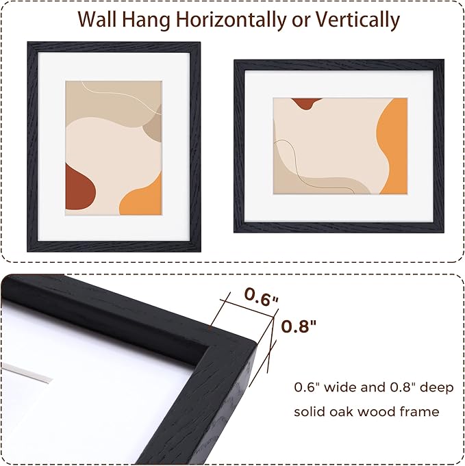 8x10 Picture Frame Black Set of 3, Solid Oak Wood Photo Frames 8 x 10 for Wall, Real Glass 8"x10" Frame with Stand, 8 by 10 Black Wood Frame, 8x10 Matted Frame for 5x7