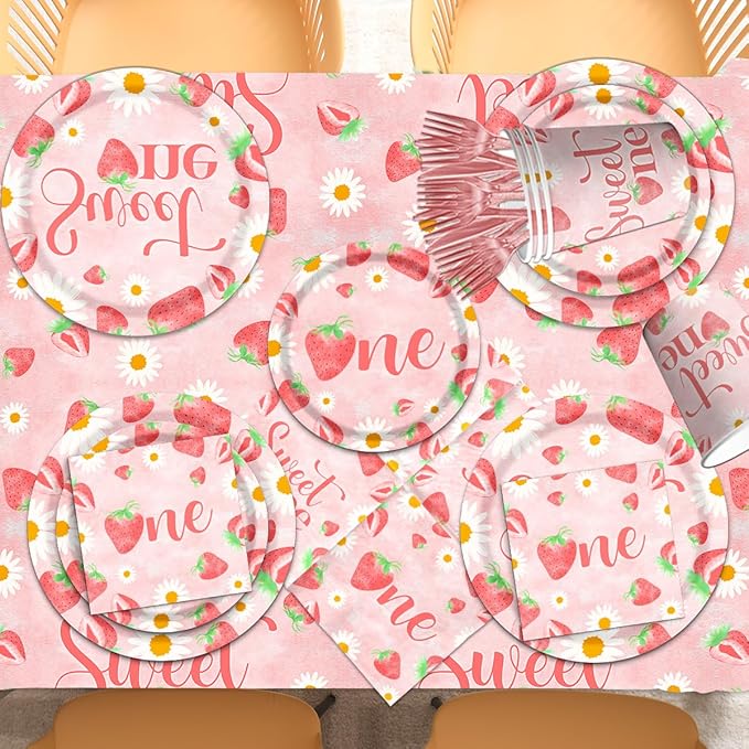 Strawberry 1st Birthday Party Decorations for Girls - Sweet One 1st Birthday Tableware Including Plates,Napkins,Tablecloths Summer Fruit Table Decorations for Berry First Party Supplies