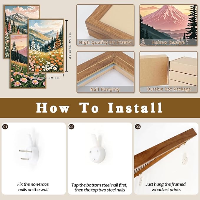 Extra Large Wildflower Wall Art Boho Wildflower Wall Decor 24x36 Inch Colorful Mountain Wall Art Set of 3 for Living Room Bedroom Dining Room