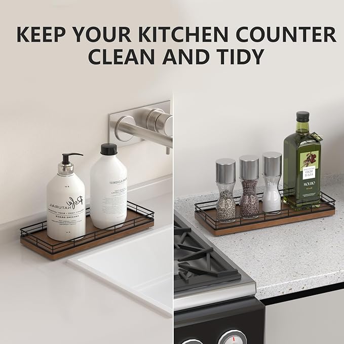 Bathroom Tray for Counter Top Organizer – Oak Wood Vanity Tray with Metal Frame for Dresser, Kitchen, Nightstand – Black & Brown Decorative Storage