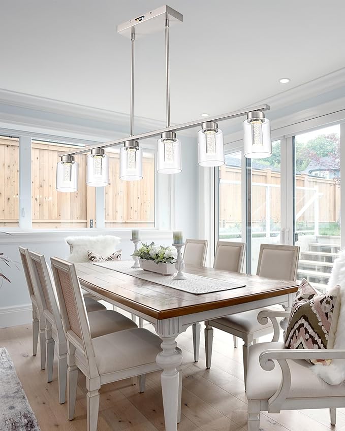 6-Lights 5CCT LED Pendant Light Fixtures LED Integrated Bulbs Included, Modern Dining Room Linear Chandelier with Bubble Crystal LED & Clear Glass Shade, Brushed Nickel Kitchen Island Light