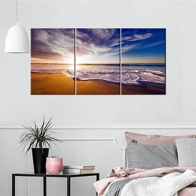 Beach Landscape Canvas Poster Wall Art Home Decor Summer Sunset 3 Pieces Picture Print Seascape Painting Artwork for Bedroom Dining Room Office Wall Decoration Stretched and Framed [48''W X 24''H]