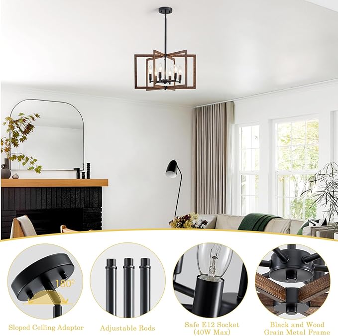 Modern Farmhouse Chandelier 20'' Black and Wood Grain 6-Light Pendant Lighting Fixture for Dining Living Room Kitchen Entryway, Geometric Metal Vintage Adjustable Hanging Chandelier Lamp