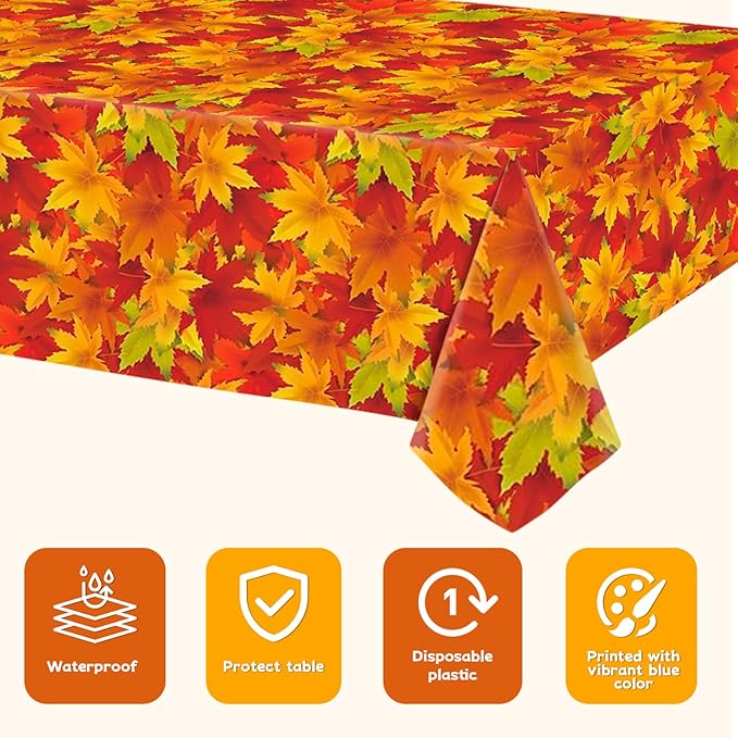 Thanksgiving Autumn Tablecloth 3-Piece Set 54x108 inches, Plastic Tablecloth, Disposable Rectangular Tablecloth for Holiday Dinner Decoration, Farmhouse Kitchen and Autumn Party Supplies