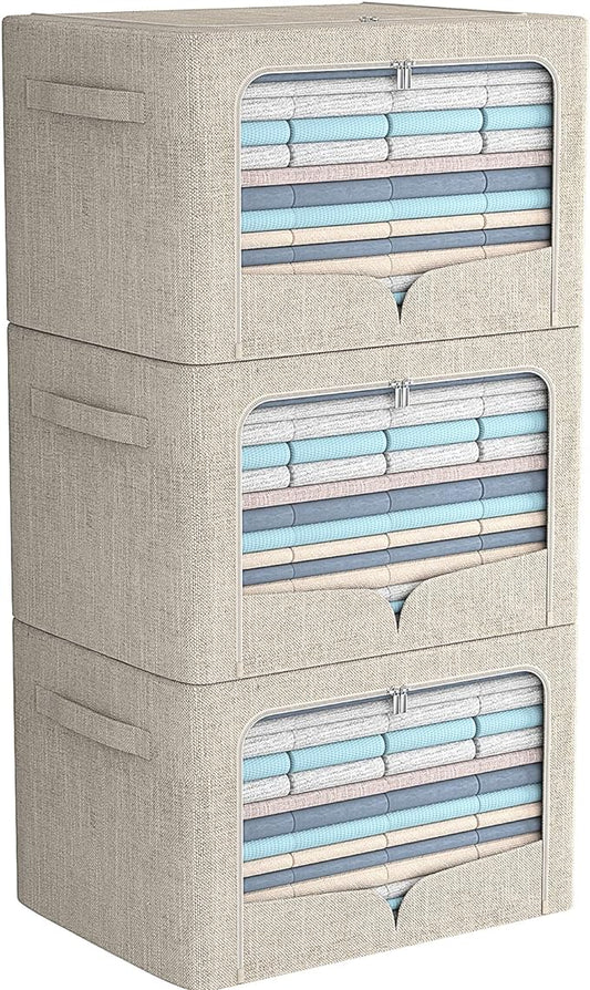 3 Pack Clothes Storage Bins - Foldable Metal Frame Storage Box - Stackable Linen Fabric Container Organizer Set with Carrying Handles and Clear Window (Beige, 19.7x15.7x13inch(66L))
