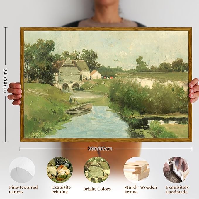 crmotu Framed Canvas Wall Art, Country Landscape Large Artwork, Riverside Rustic Farmhouse Vintage Art Prints, Retro Nature Scenery Pictures Wall Decor Living Room Bedroom Bathroom Office 24x36in