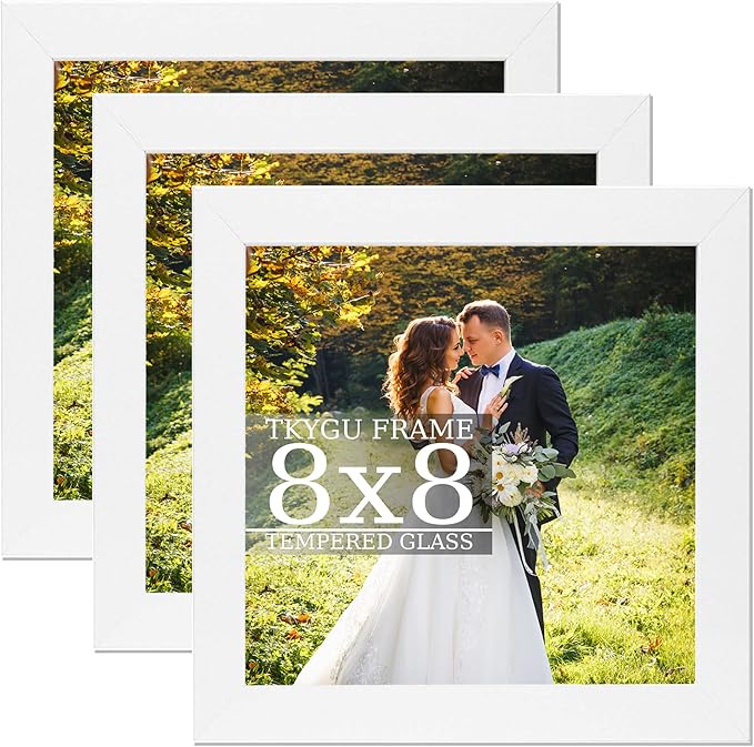 8x8 Picture Frame Set of 3, Made of Real Glass for 8x8 White wood Frames, Wall and Tabletop Display Photo Frame for Gallery Family Wedding Memorial Pic Frame Best Gift