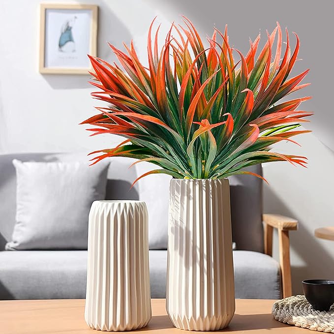 8 Pcs Outdoor Fake Plants UV Resistant Artificial Tall Grass Plants Faux Tropical Flowers Bushes Fall Winter Summer Planters Yard Patio Front Porch Décor Plastic Greenery Shrubs Decoration