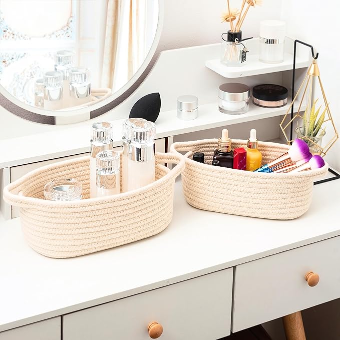 MINTWOOD Design 5-Piece Storage Baskets for Organizing, Small Woven Rope Baskets for Storage and Shelves, Dog Cat Toy Basket Box, Pantry Bathroom Organization Bins, Nightstand Organizer, Beige