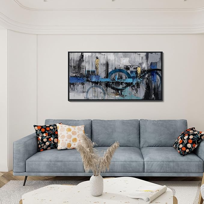 KLAKLA Blue and Gray Abstract Canvas Wall Art - Lnk Style Gold City Scenes Wall Decor Living Room Bedroom Decoration Black Frame Picture Artwork for Wall Modern Landscape Wall Decor