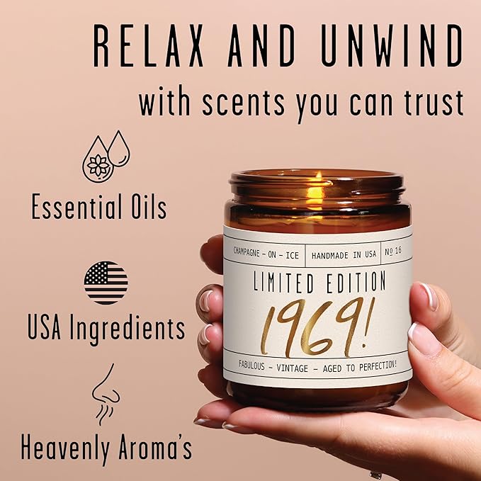 56th Birthday Gifts for Women - 'Limited Edition 1969' Soy Candle, w/Champagne on Ice I 56 Birthday Gifts for Women I 56th Gift for Her Ideas I 9oz Reusable Jar, 50Hr Burn, Made in USA