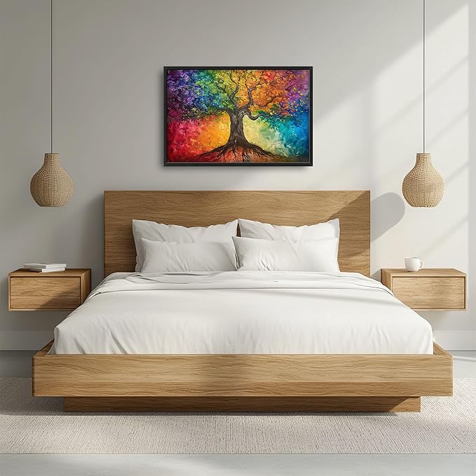 Colorful Tree Large Wall Art for Living Room Framed, Tree of Life Wall Decor Pictures, Canvas Print Painting, Aesthetic Artwork Bedroom Office Home Decor 36"x24"