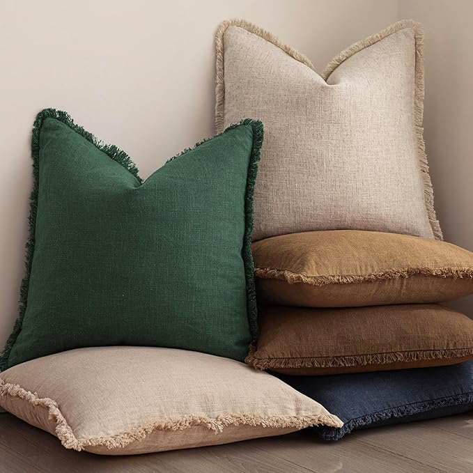 Foindtower Set of 2 Decorative Linen Fringe Throw Pillow Covers Cozy Boho Farmhouse Cushion Cover with Tassels Soft Accent Pillowcase for Couch Sofa Bed Living Room Home Decor, 24×24 Inch, Pine Green