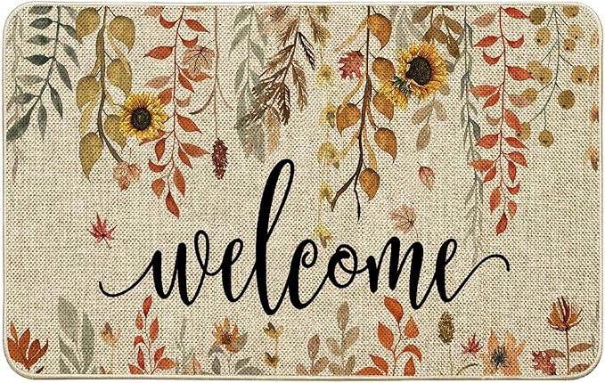 ORTIGIA Welcome Fall Doormat Indoor Outdoor Patio Eucalyptus Leaves Sunflowers Door Mats Non-Slip Entrance Mat for Home Entrance, Outside Entry, Yard, Floor, Patio 32x20 Inch