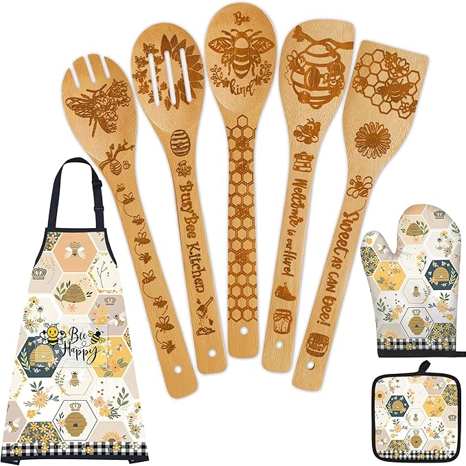 8PCS Bumble Bee Bamboo Cooking Utensil Spoon with Apron Oven Mitt Potholder for Kitchen Decor,Honey Bee Themed Gifts for Women,Kitchen Pot Holder Sets for Housewarming,Birthday