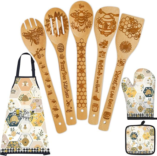 8PCS Bumble Bee Bamboo Cooking Utensil Spoon with Apron Oven Mitt Potholder for Kitchen Decor,Honey Bee Themed Gifts for Women,Kitchen Pot Holder Sets for Housewarming,Birthday