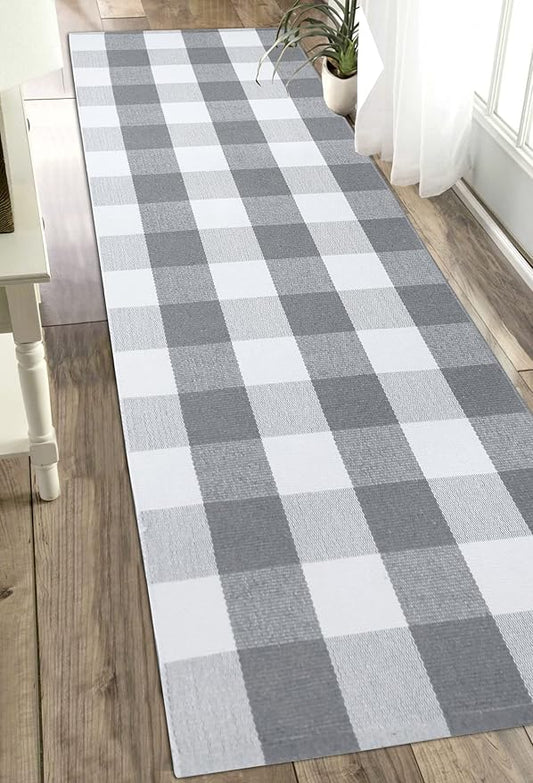 KOZYFLY Buffalo Plaid Rug 2x6 Ft Grey and White Runners for Hallways Washable Checkered Rug Cotton Kitchen Runner Carpet Runner Rugs for Entryway Bedroom Living Room