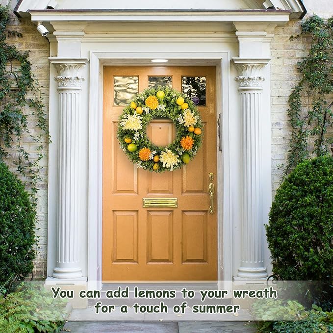 Vlorart 24" Faux Round Boxwood Wreath, Artificial Boxwood Wreath Front Door Wreaths Artificial Spring Summer Greenery Hanging with A Plaid Bow and sash for Front Door Wall Hanging Window Wedding Decor