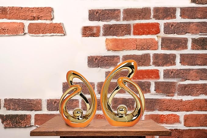 2 Pcs Orange and Gold Decor for Living Room Table Sculpture Decorations Ceramic Decor Mid Century Modern Decor Figurine Centerpieces for Dining Room Kitchen Fireplace Shelf Office Coffee Table Decor