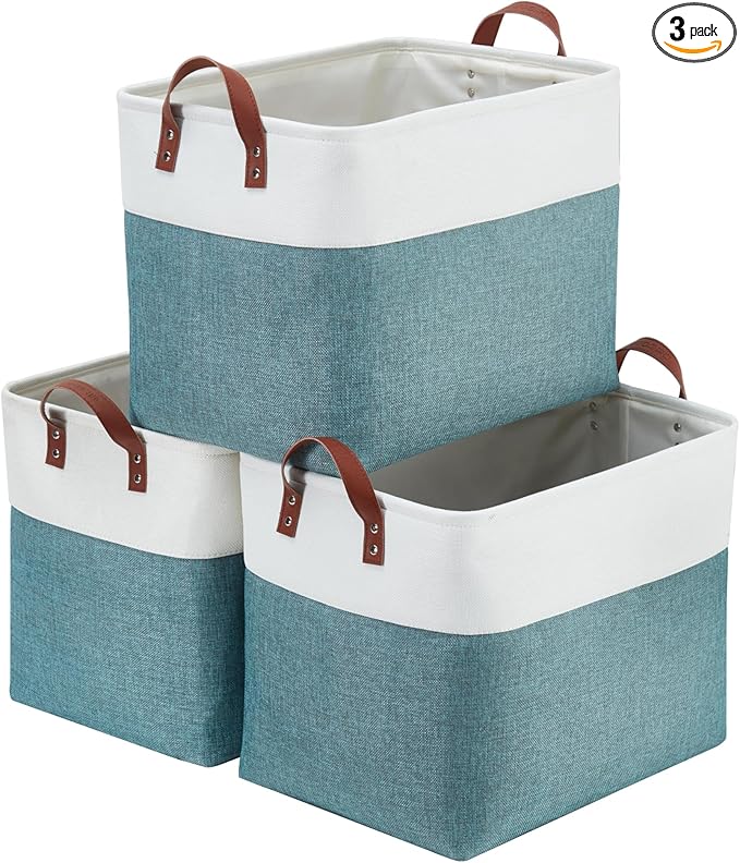 DECOMOMO Fabric Storage Basket Large Closet Storage Bins for Toys Nursery & Laundry Storage (Green & White, XXL - 3 Pack)