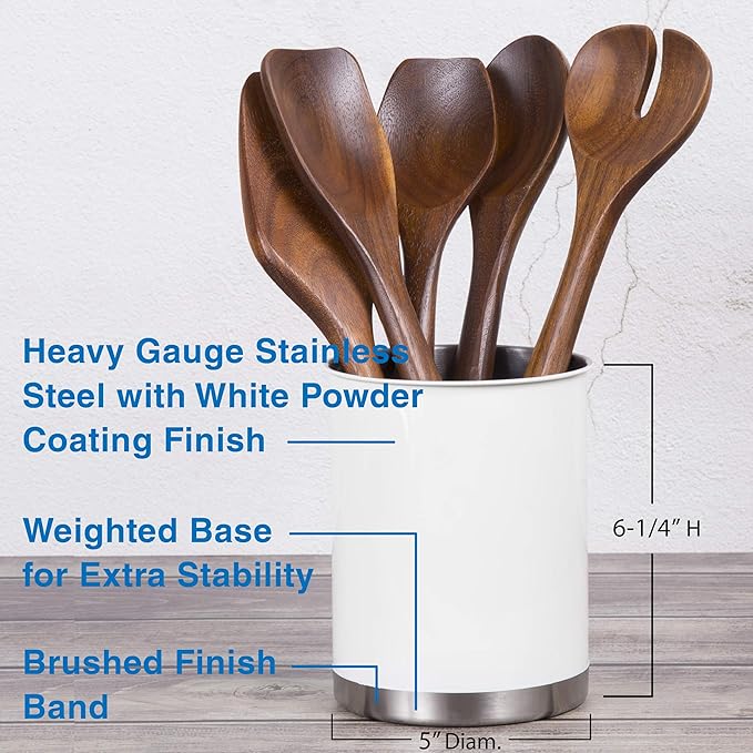 Creative Home Stainless Steel Utensil Holder– 6.3" Large Cooking Tool Organizer for Kitchen Decor and Countertop Storage, Stable Anti-Tip Design, Durable Powder-Coated Finish, White